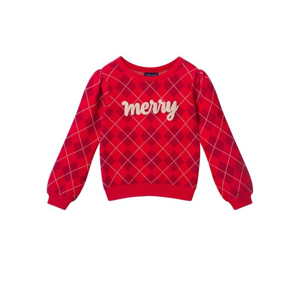Andy & Evan Girls  Merry Rope Applique Argyle Sweater, Red